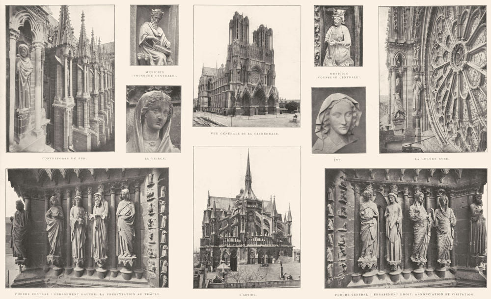 REIMS.Cathédrale;Ébrasement Contreforts Vierge Musicien Voussure Ève Porche 1900